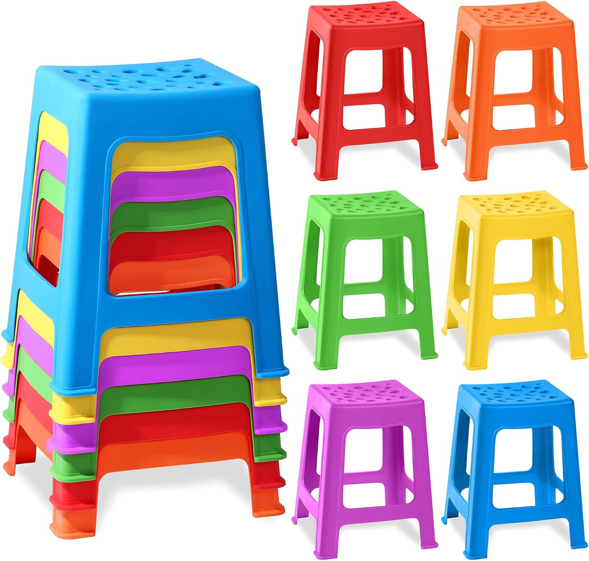 Round Colorful Stackable Plastic Classroom Stools 6‑Pack