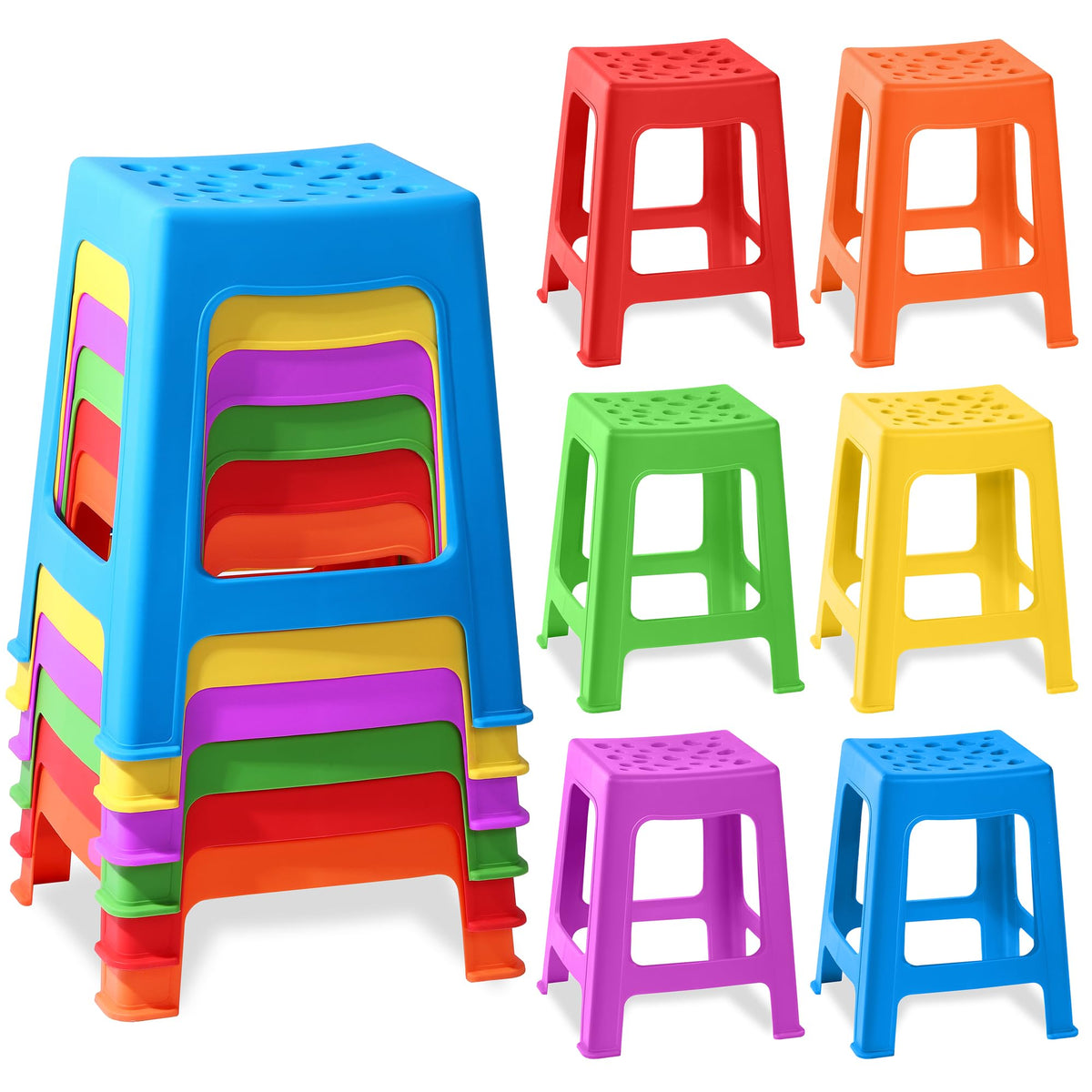 Round Colorful Stackable Plastic Classroom Stools 6‑Pack