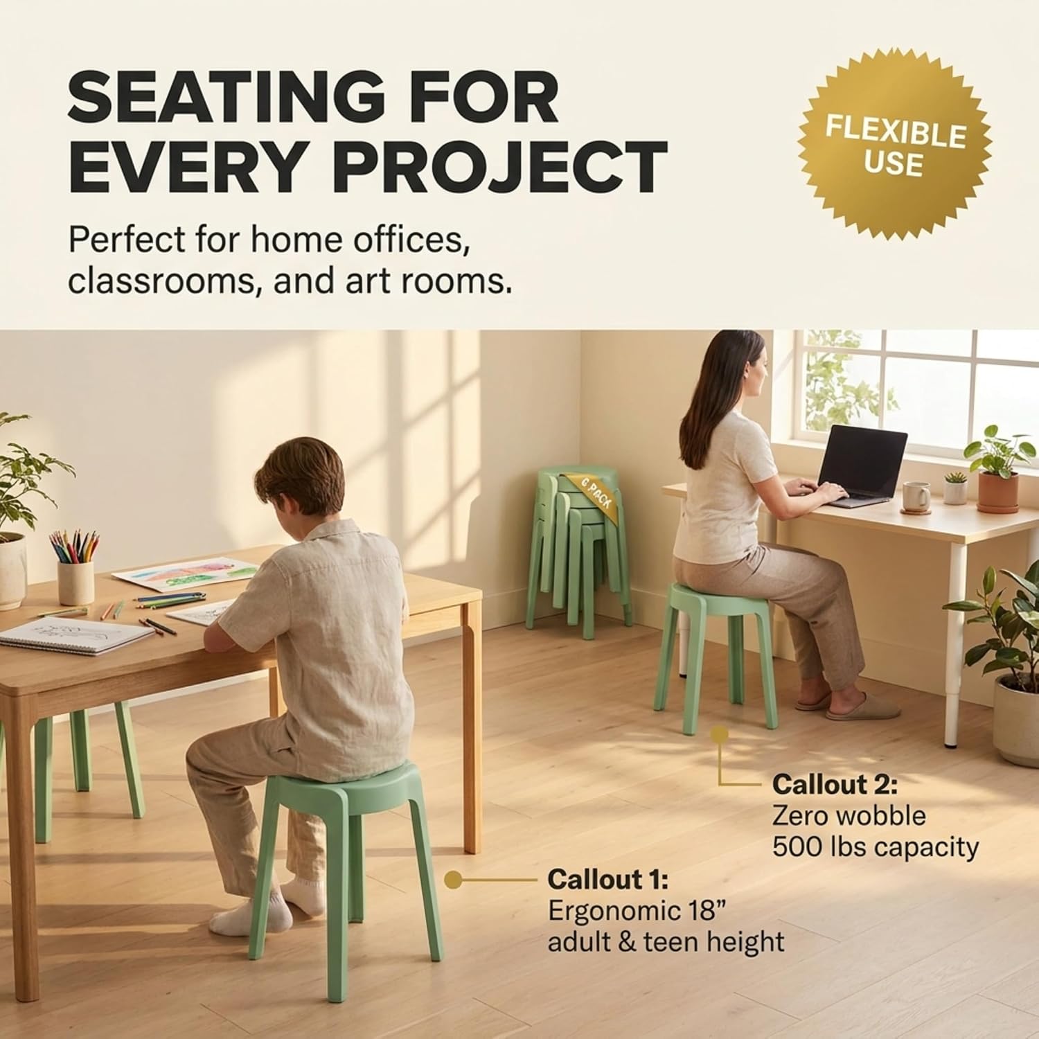 Heavy‑Duty Stackable Plastic Classroom Stools 6‑Pack