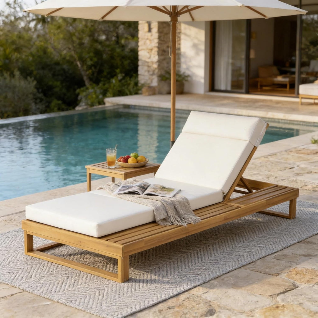 Adjustable Acacia Wood Cushioned Patio Chaise Lounge