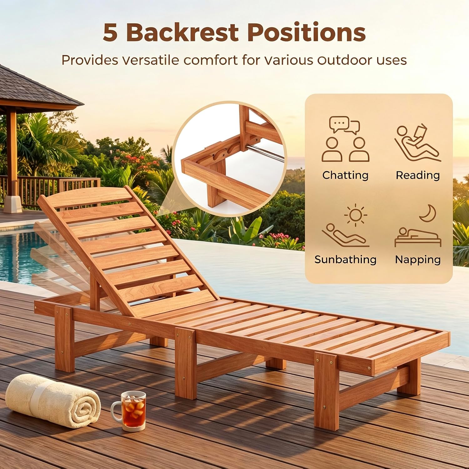 Solid‑Wood Outdoor Patio Chaise Lounge Chair