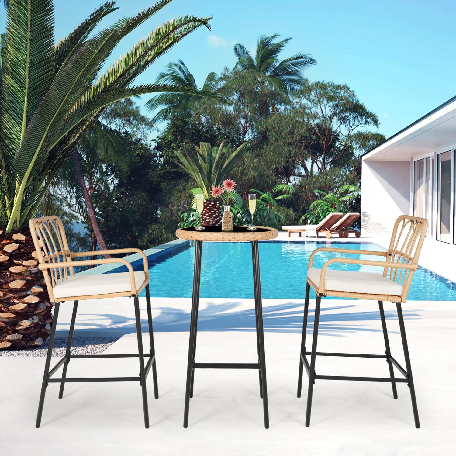 Wicker Patio Bar Height Cushioned Furniture Set
