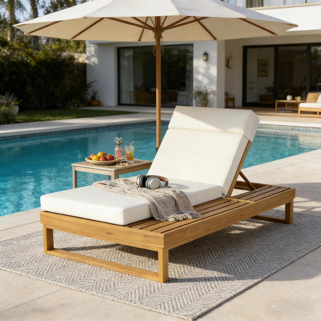 Adjustable Acacia Wood Cushioned Patio Chaise Lounge