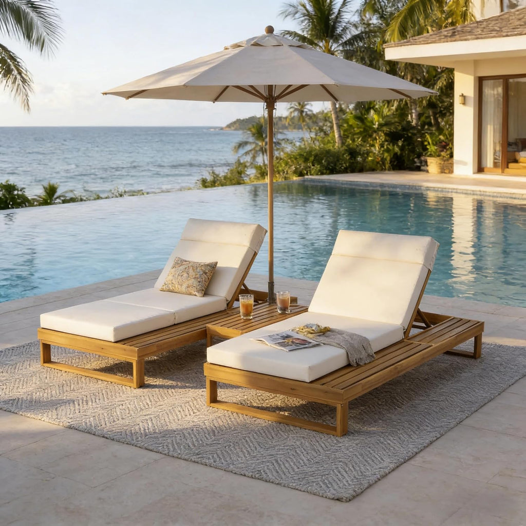 Adjustable Acacia Wood Cushioned Patio Chaise Lounge