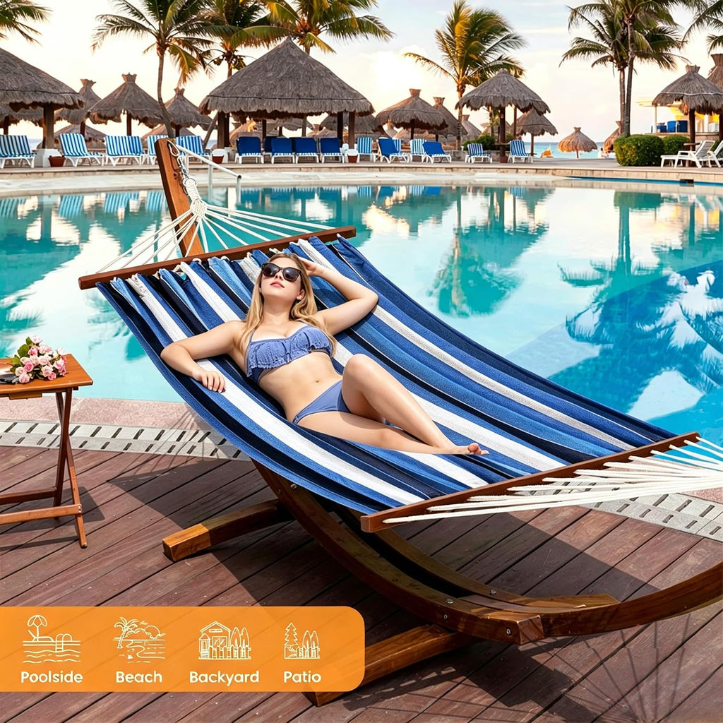Two‑Person Cotton Hammock With Wooden Stand