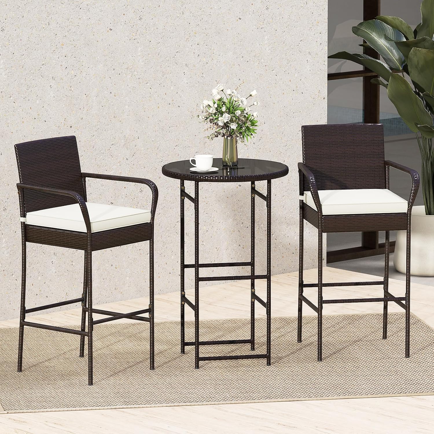 Rattan Patio Bar Height Bistro Furniture Set