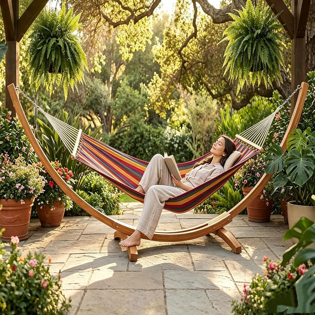 Curved Wooden Stand With Canvas Hammock