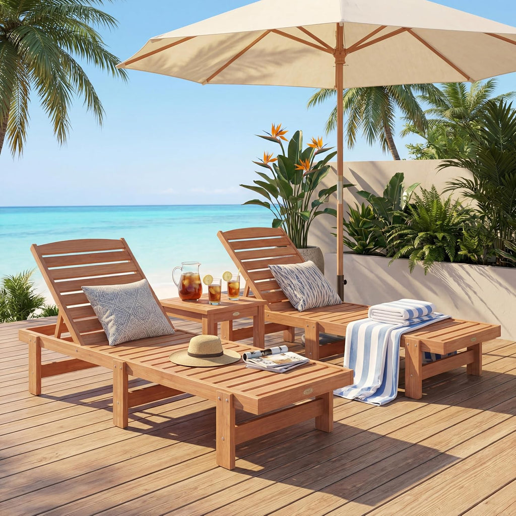 Solid‑Wood Outdoor Patio Chaise Lounge Chair