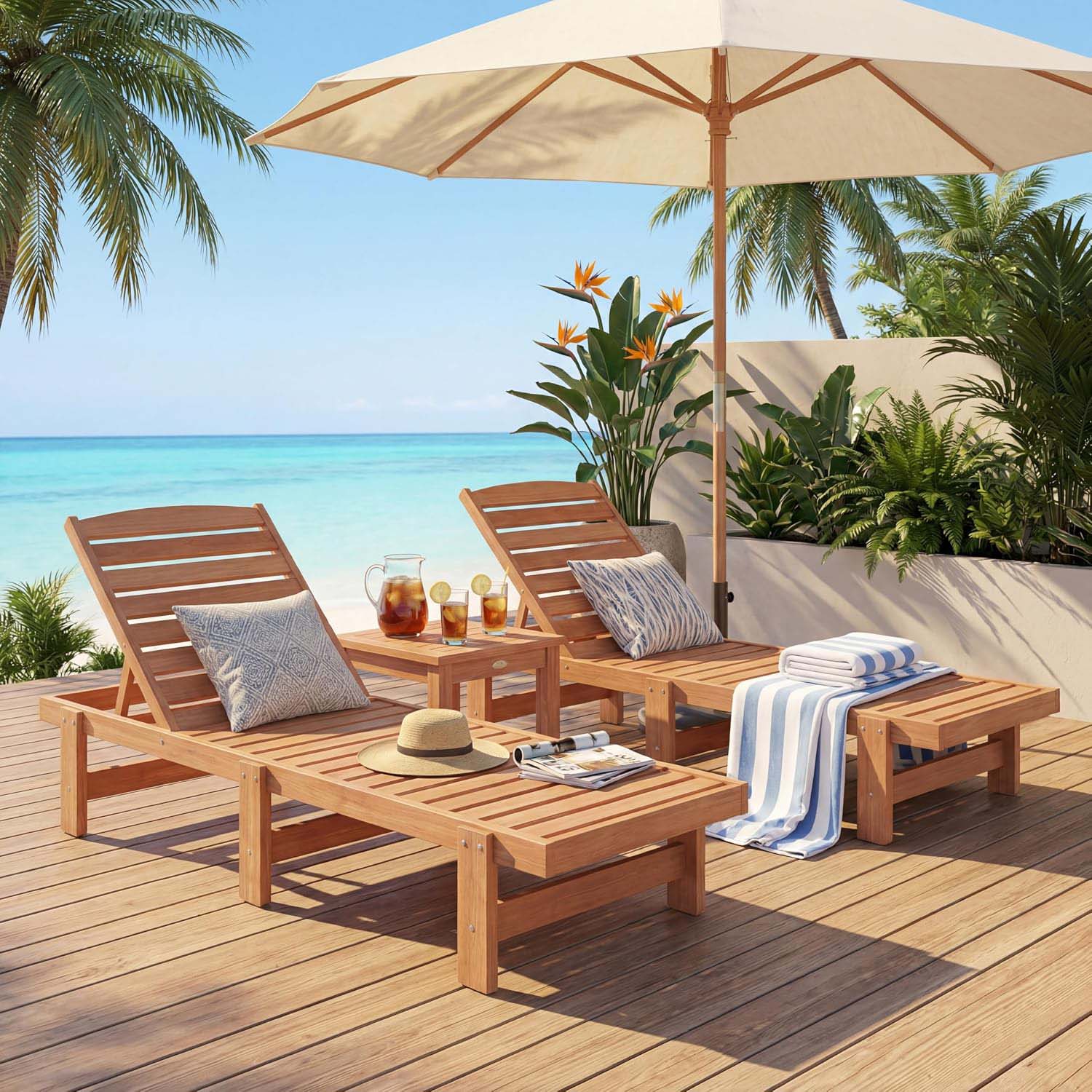 Solid‑Wood Outdoor Patio Chaise Lounge Chair